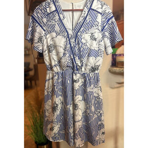 Sienna Sky Dress Medium Cute Summer Blue White Stripes Floral Short Sleeve